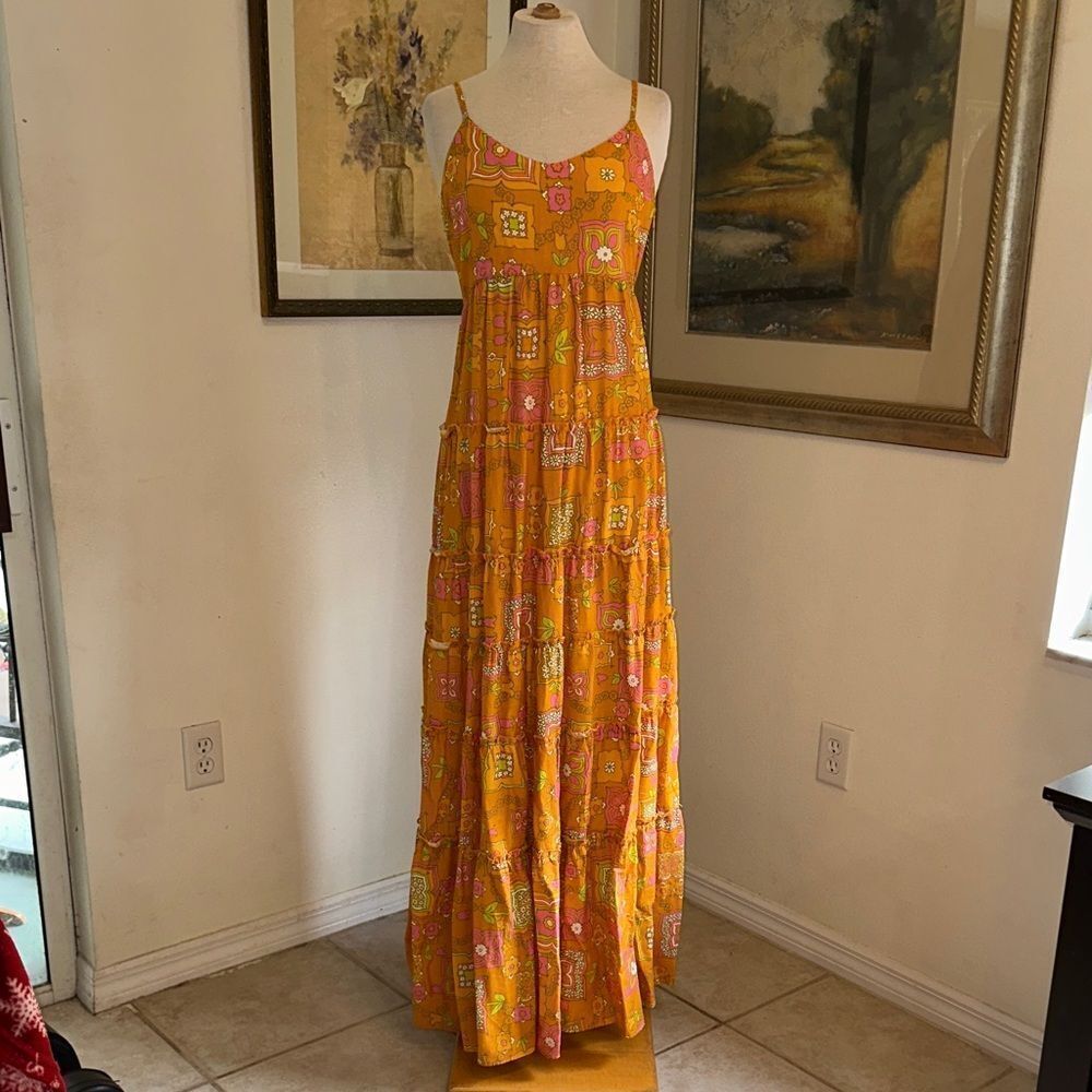 Julie Brown New York Boho Mustard Floral Maxi Dress w/ Adj Straps Size L (NWT)